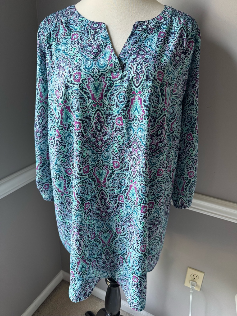 croft & barrow Aqua and Purple Paisley Split Neck Tunic Top